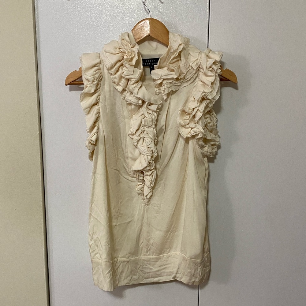 Robert Rodriguez Ivory Silk Ruffle Sleeveless Blouse